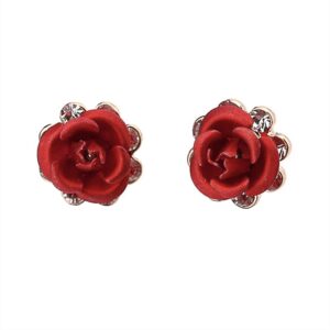 rose gold plated simple red rose stud earrings fashion jewelry for women