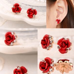 Rose Gold Plated Simple Red Rose Stud Earrings Fashion Jewelry for Women