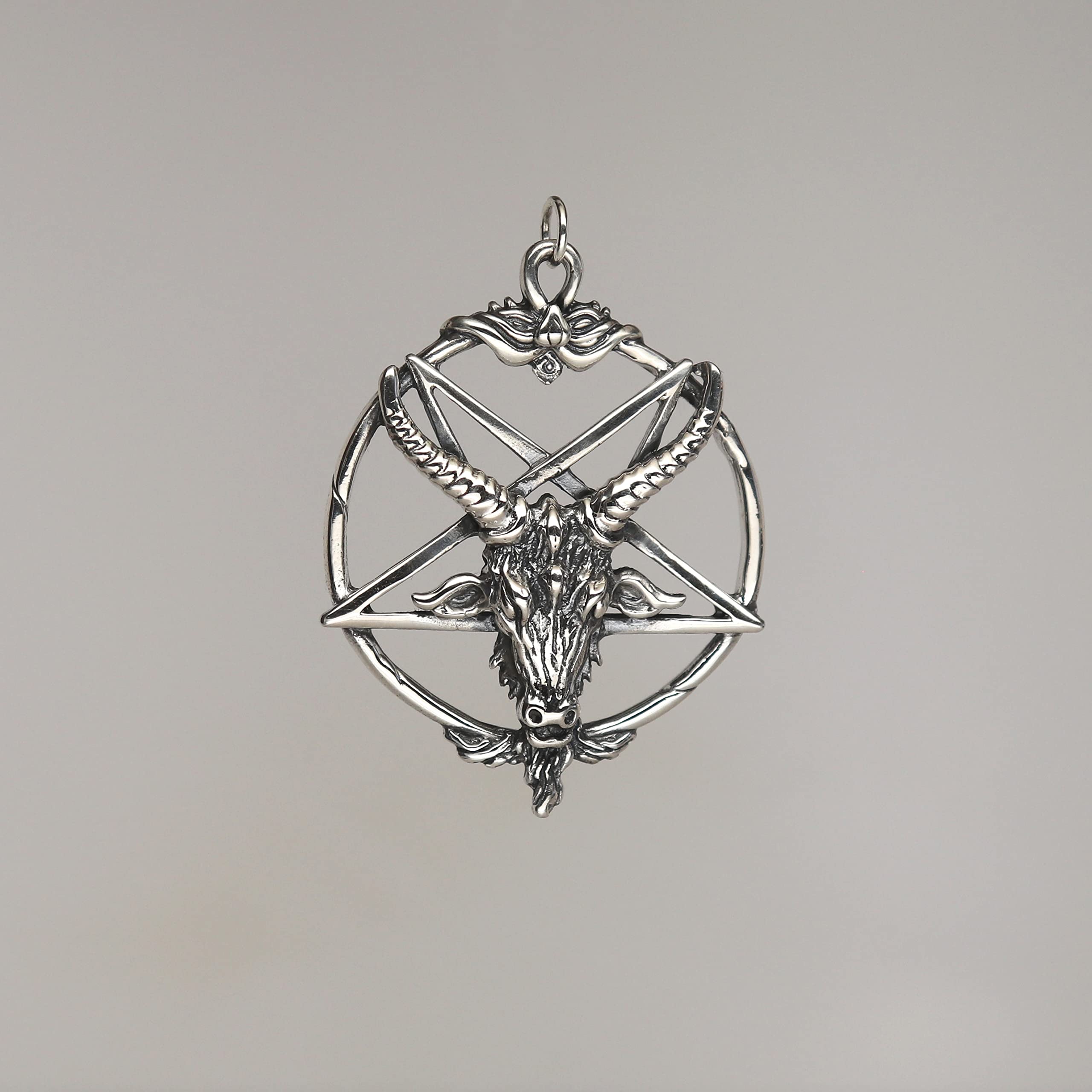 Real Metal Sterling Silver Baphomet Satanic Goat Head Inverted Pentacle Pentagram Pendant