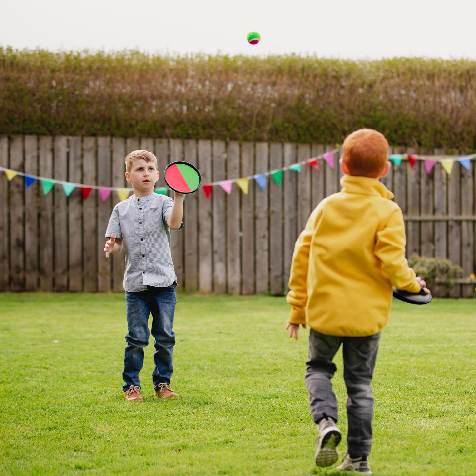 High Bounce 3 in1 Outdoor Games Combo Set for Kids, with Badminton Rackets Set, Toss and Catch Ball Set, Sliding Zoom Ball Game, Mesh Bag, Birdies, and Tennis Ball Included