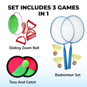 High Bounce 3 in1 Outdoor Games Combo Set for Kids, with Badminton Rackets Set, Toss and Catch Ball Set, Sliding Zoom Ball Game, Mesh Bag, Birdies, and Tennis Ball Included