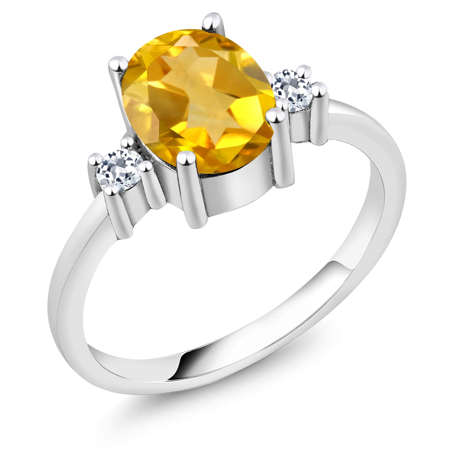 Gem Stone King 925 Sterling Silver Oval Yellow Citrine and White Topaz Women's 3-Stone Ring (1.31 Cttw, Gemstone Birthstone, Available In Size 5, 6, 7, 8, 9)