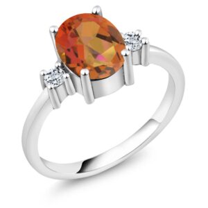 Gem Stone King 925 Sterling Silver Oval Twilight Orange Mystic Quartz and White Topaz Ring For Women (2.46 Cttw, Gemstone Birthstone, Available In Size 5, 6, 7, 8, 9)