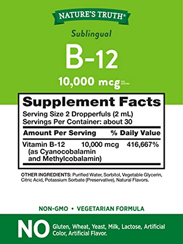 Nature's Truth Sublingual Vitamin B-12 10,000 Mcg, Fast Acting Liquid, Natural Berry Flavor, 2 Fluid Ounce (Pack of 1)