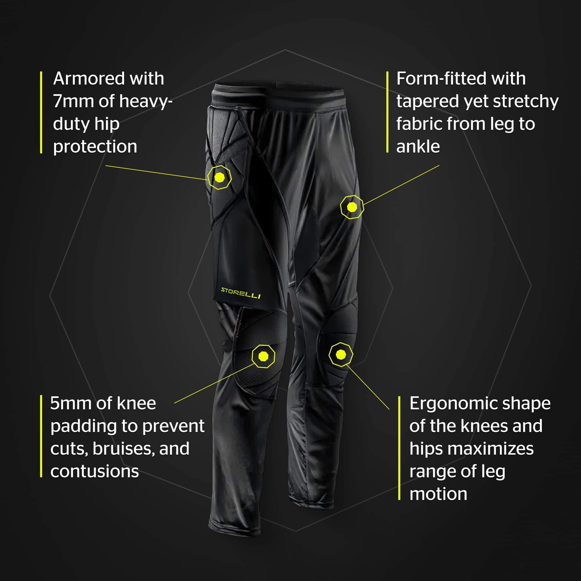 Storelli ExoShield Goalkeeper Pants | Full-Length Padded Soccer Pants | Premium Hip and Knee Protection (Small, Standard, Black)