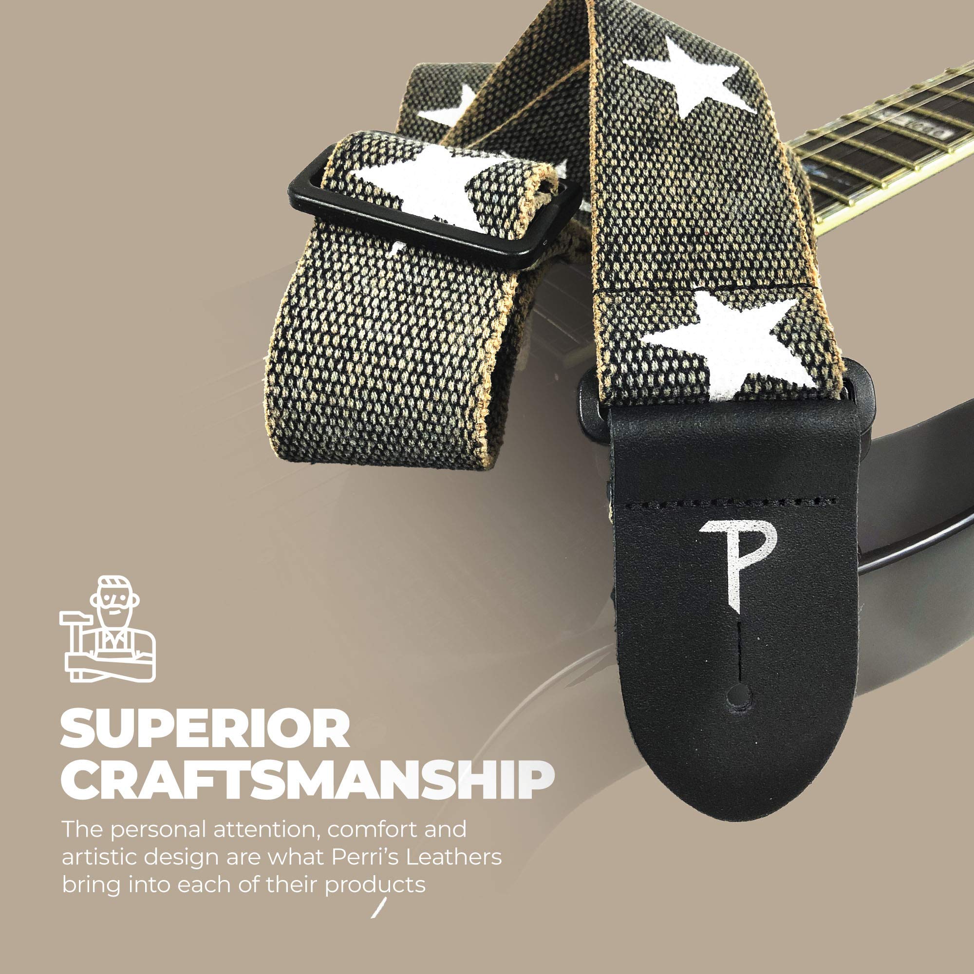 Perri's Leathers, Distressed Grey with US Flag Stars Themed, Cotton Guitar Strap, Anti-Slip, Classic, Suitable for Each Level, Adjustable from 39 to 58 Inch, Compatible with All Button Lock Systems