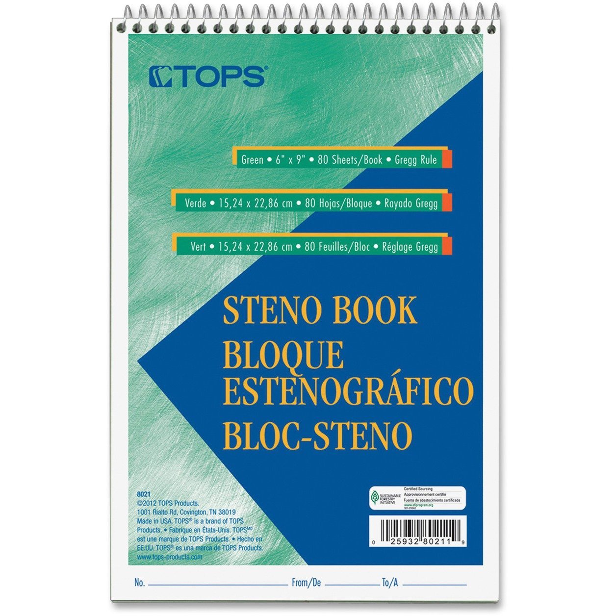 TOPS Products 8021DZ Steno Book, Gregg Rule, 80Sheets/PD, 6-Inch X9-Inch, 12/PK, GN Tint