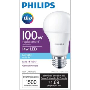 Philips LED Non-Dimmable A19 Frosted Light Bulb: 1500-Lumen, 5000-Kelvin, 14-Watt (100-Watt Equivalent), E26 Medium Screw Base, Daylight, 4-Pack, 455717