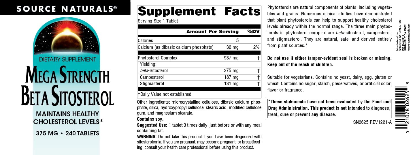 Source Naturals Mega Strength Beta Sitosterol, Plant Sourced, 375mg - 240 Tablets