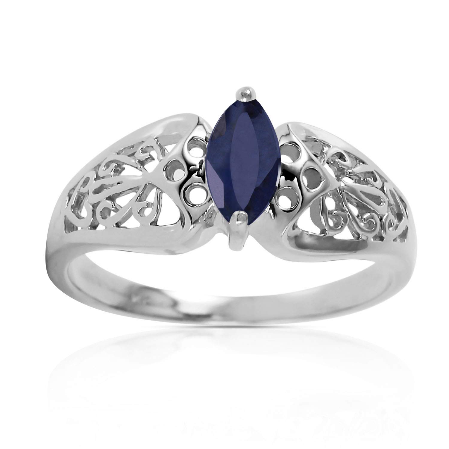 Galaxy Gold GG 14k White Gold Filigree Ring with Natural Marquis-shaped Sapphire - Size 10.5