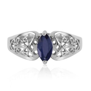 Galaxy Gold GG 14k White Gold Filigree Ring with Natural Marquis-shaped Sapphire - Size 10.5