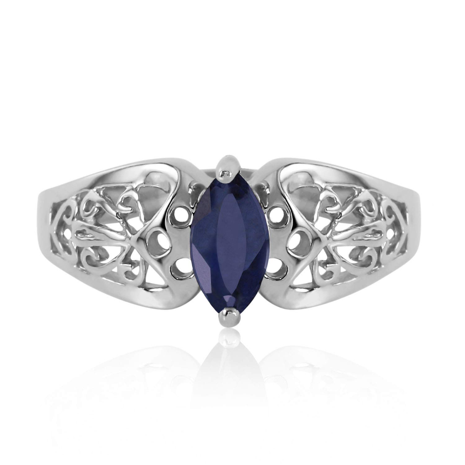 Galaxy Gold GG 14k White Gold Filigree Ring with Natural Marquis-shaped Sapphire - Size 10.5