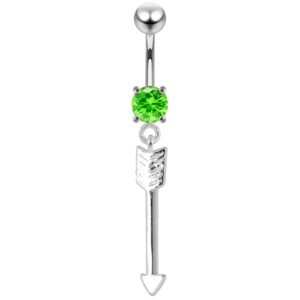 Light Green CZ Crystal Gemstone Stylish Plain Arrow Dangling 925 Sterling Silver Belly Ring Body Jewelry