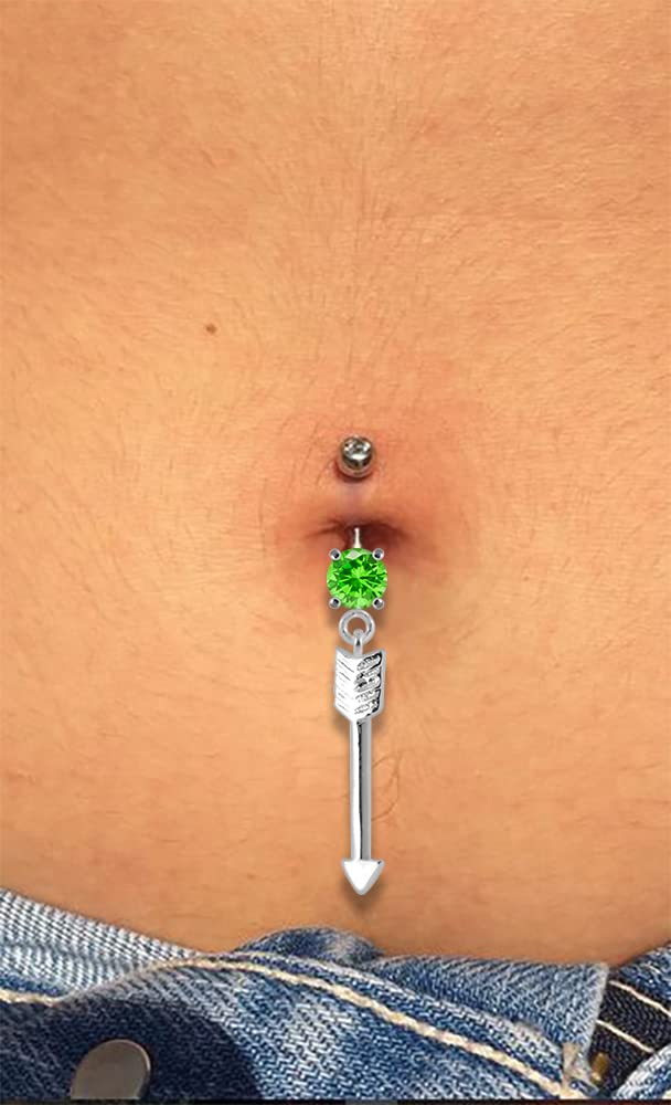 Light Green CZ Crystal Gemstone Stylish Plain Arrow Dangling 925 Sterling Silver Belly Ring Body Jewelry