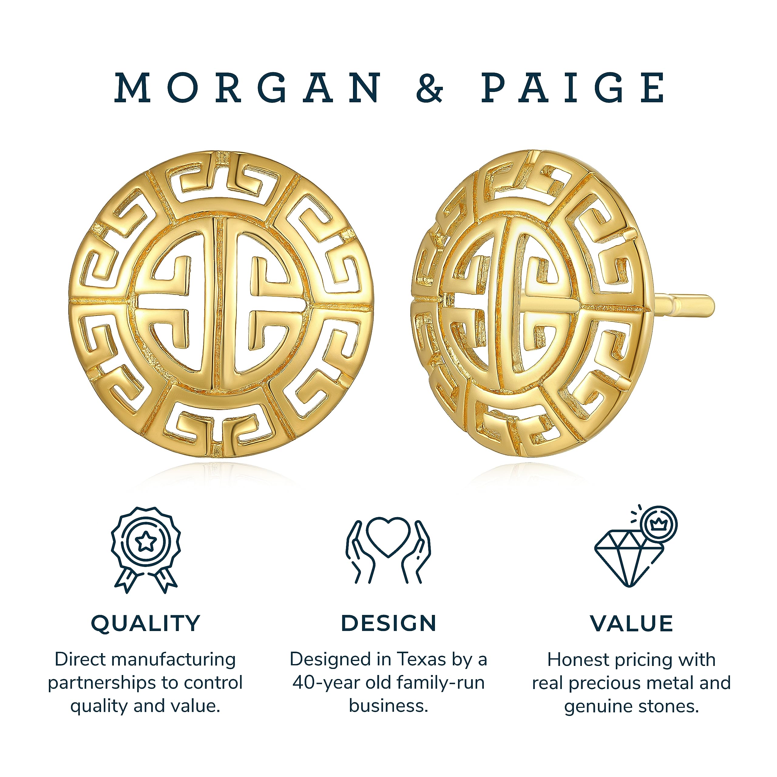 MORGAN & PAIGE Sterling Silver Greek Earrings, Greco Design Gold Stud Earrings with Laser-Cut Detailing, 18K Gold Plated Circle Earrings, Greek Jewelry Gifts for Women