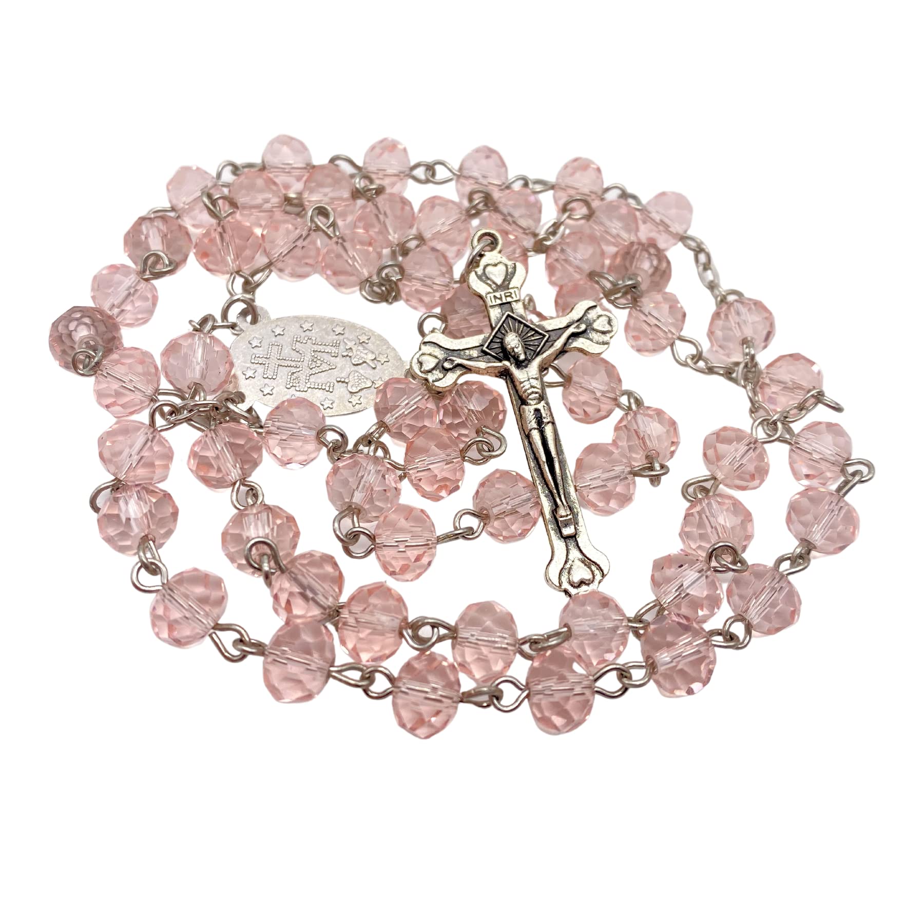 Nazareth Store Pink Pearl Beads Rosary Handmade Prayer Beaded Necklace with Miraculous Medal and Silver Cross