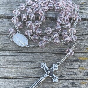 Nazareth Store Pink Pearl Beads Rosary Handmade Prayer Beaded Necklace with Miraculous Medal and Silver Cross