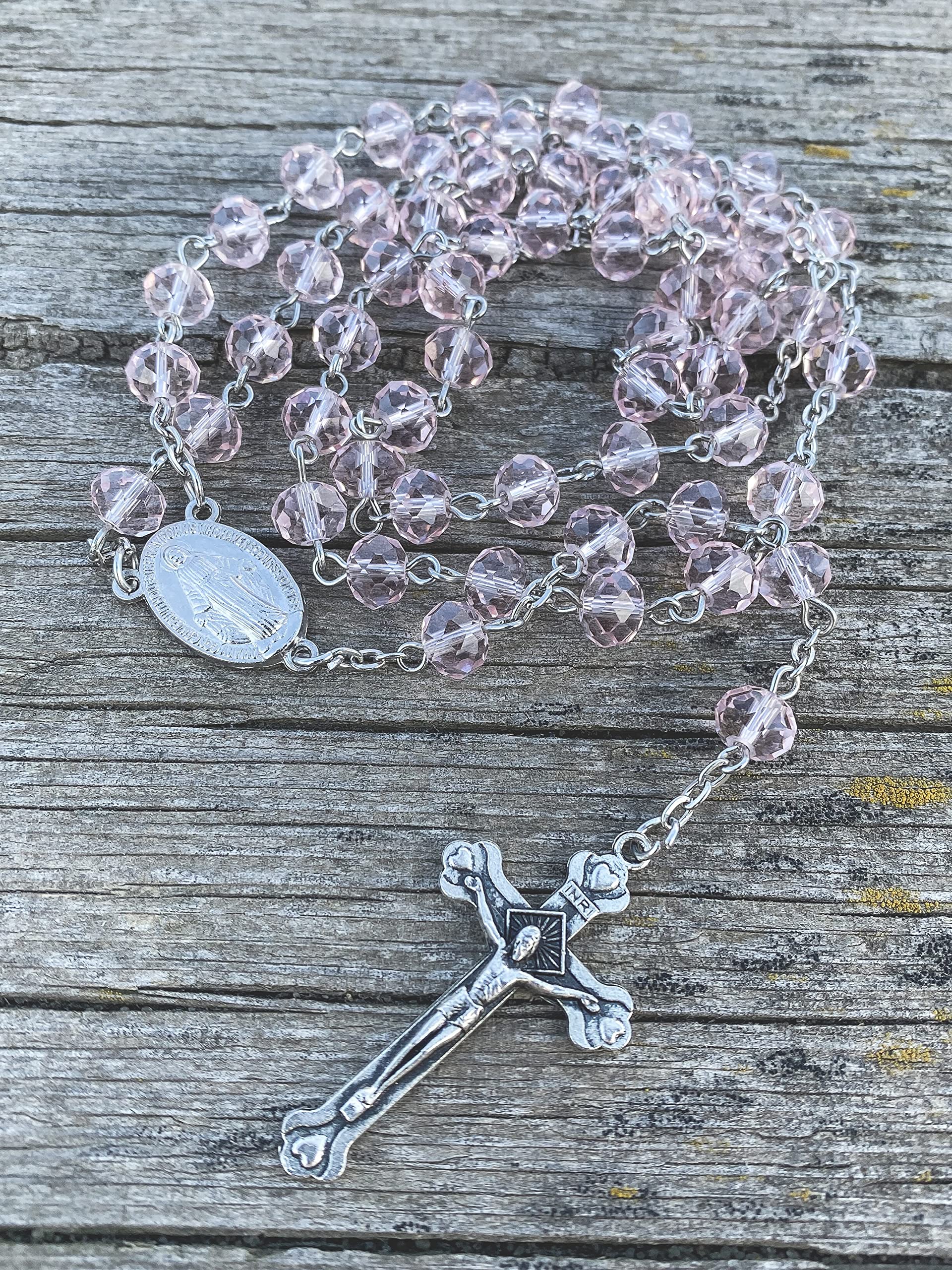 Nazareth Store Pink Pearl Beads Rosary Handmade Prayer Beaded Necklace with Miraculous Medal and Silver Cross