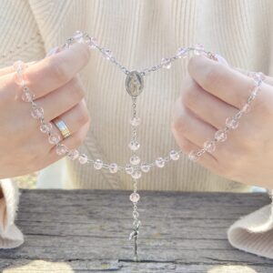 Nazareth Store Pink Pearl Beads Rosary Handmade Prayer Beaded Necklace with Miraculous Medal and Silver Cross