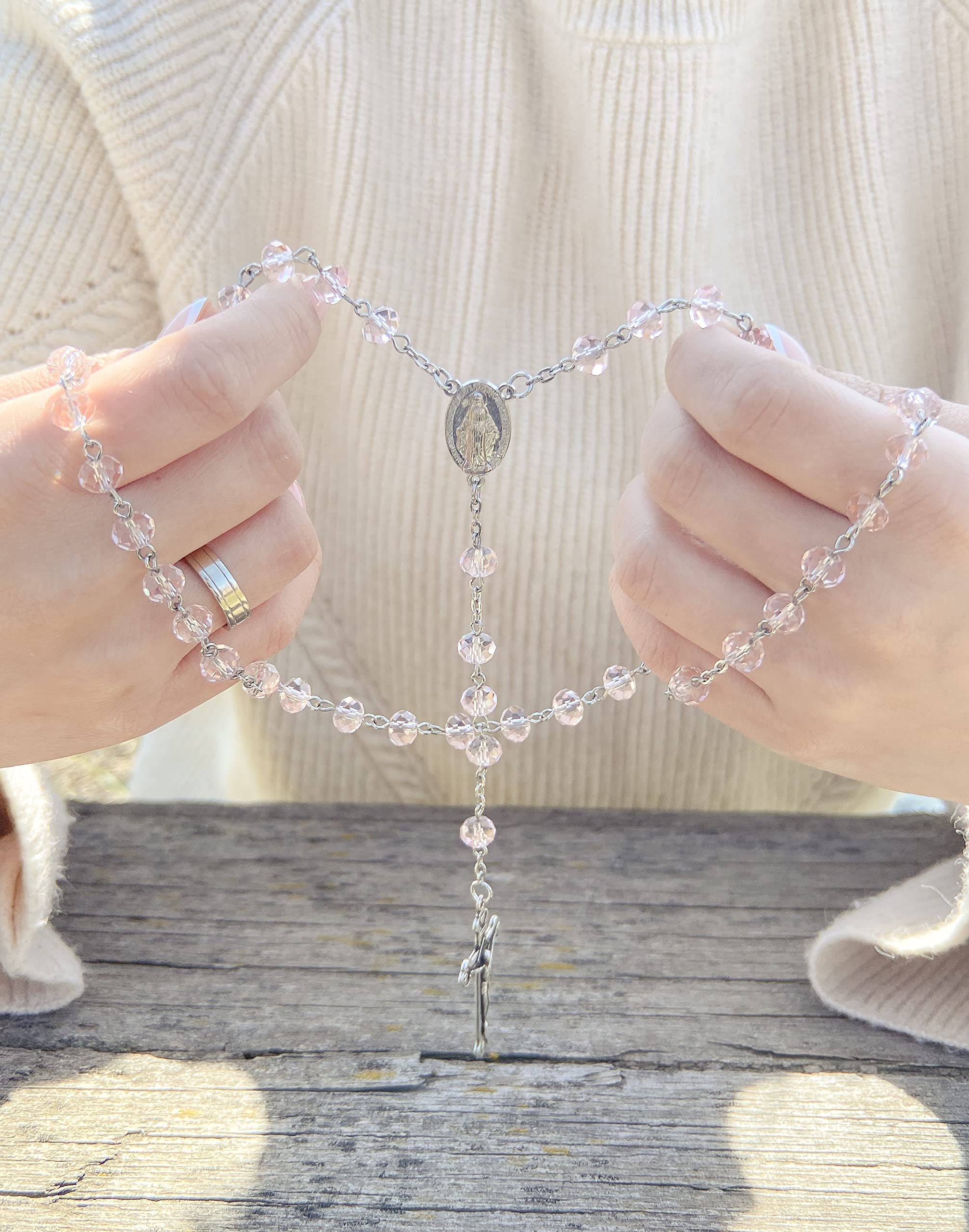 Nazareth Store Pink Pearl Beads Rosary Handmade Prayer Beaded Necklace with Miraculous Medal and Silver Cross