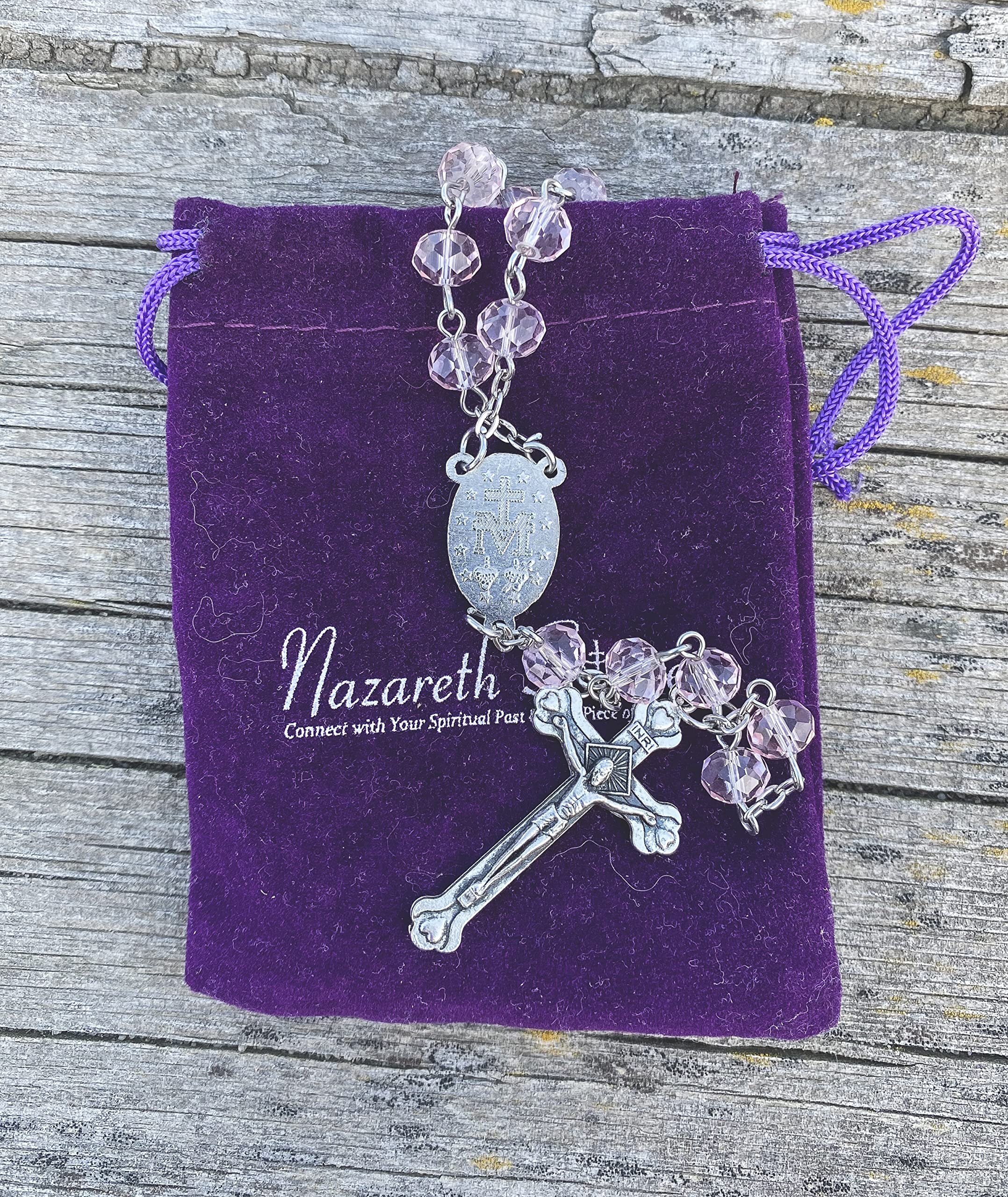 Nazareth Store Pink Pearl Beads Rosary Handmade Prayer Beaded Necklace with Miraculous Medal and Silver Cross