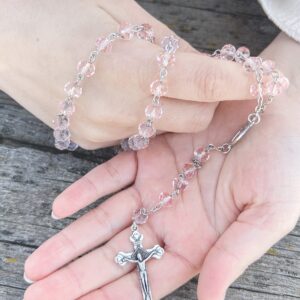 Nazareth Store Pink Pearl Beads Rosary Handmade Prayer Beaded Necklace with Miraculous Medal and Silver Cross