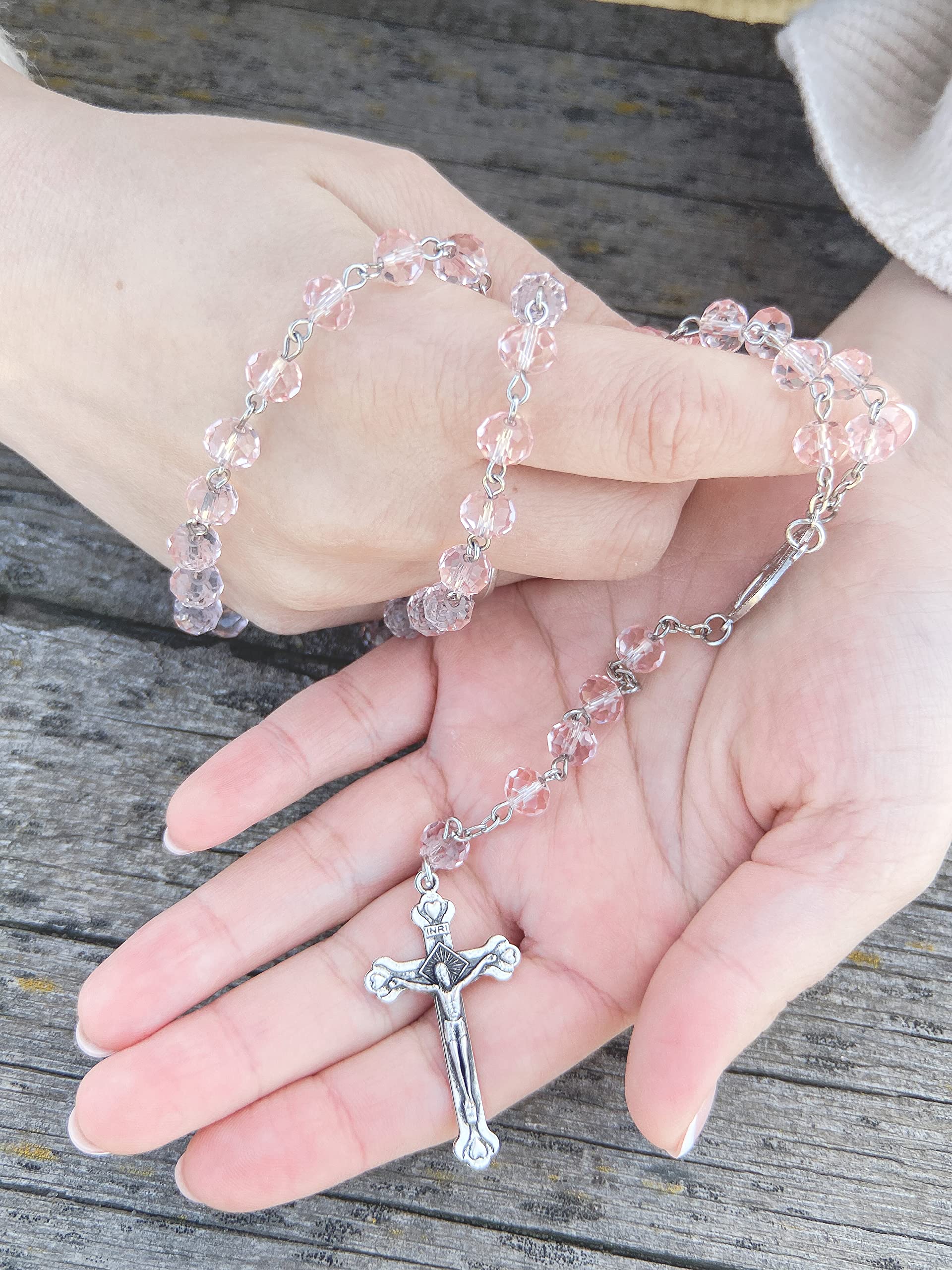 Nazareth Store Pink Pearl Beads Rosary Handmade Prayer Beaded Necklace with Miraculous Medal and Silver Cross