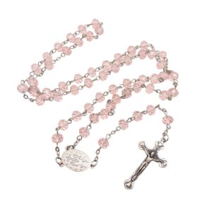 Nazareth Store Pink Pearl Beads Rosary Handmade Prayer Beaded Necklace with Miraculous Medal and Silver Cross