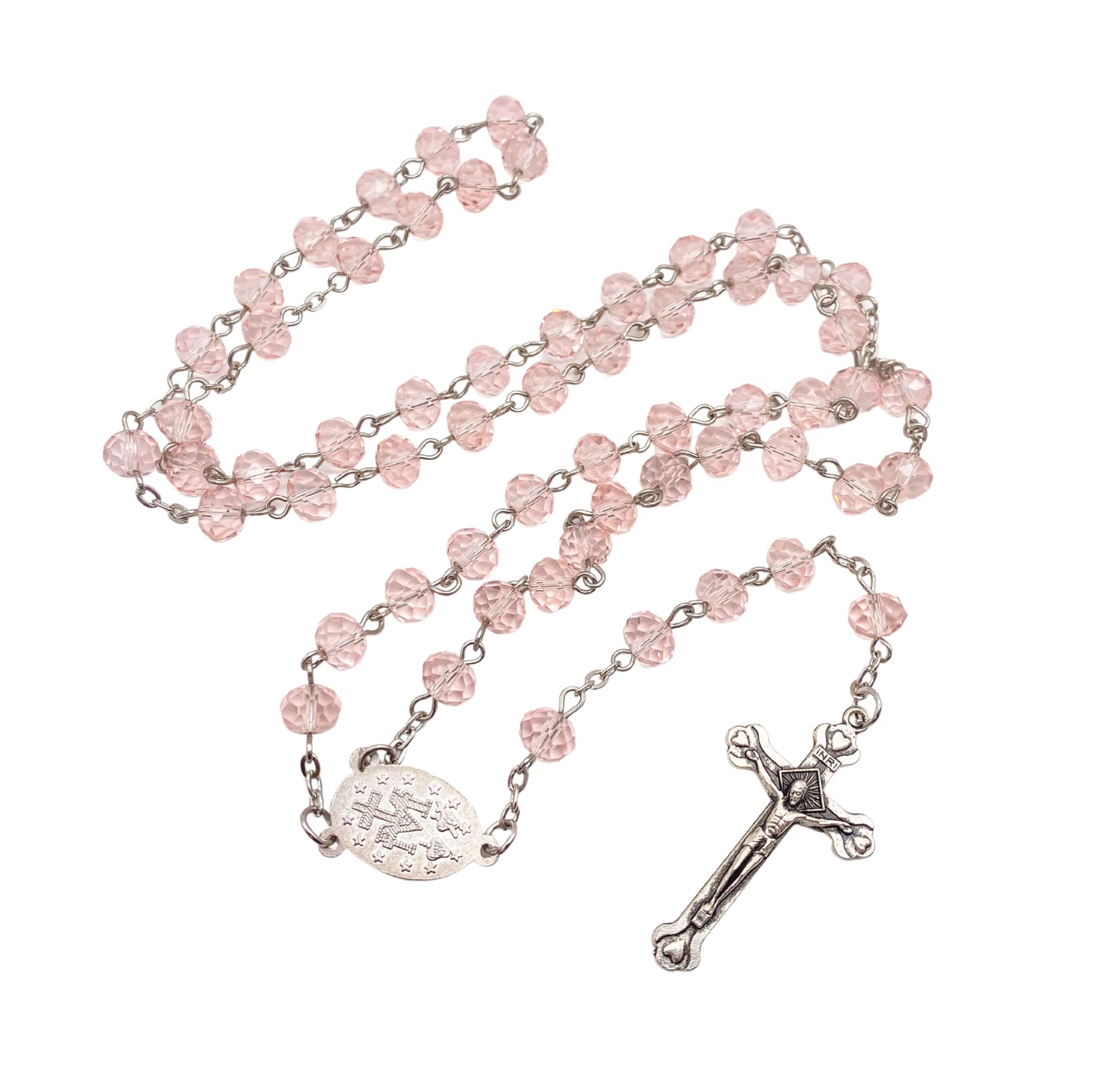 Nazareth Store Pink Pearl Beads Rosary Handmade Prayer Beaded Necklace with Miraculous Medal and Silver Cross