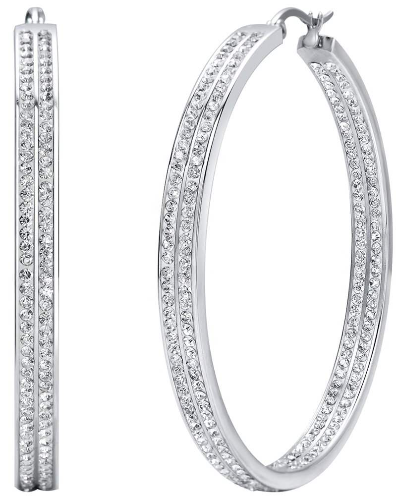 Jstyle Women's Stainless Steel Pierced Large Hoop Earrings with Rhinestone