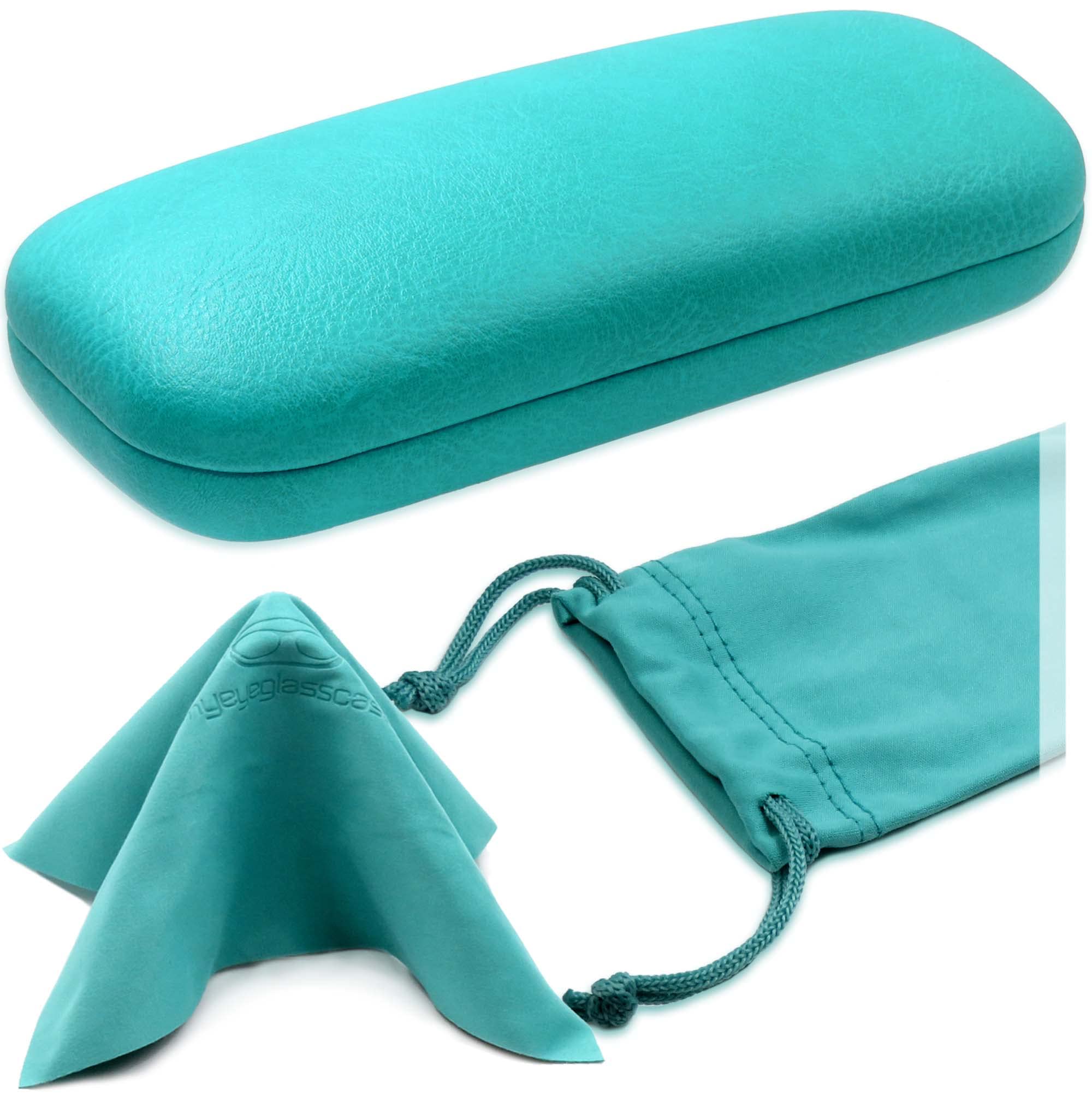 MyEyeglassCase Hard eyeglass case | Medium Clam shell Glasses Case with Microfiber Drawstring Pouch and Cleaning Cloth | Protective Small sunglasses case for women (AS126 Turquoise)