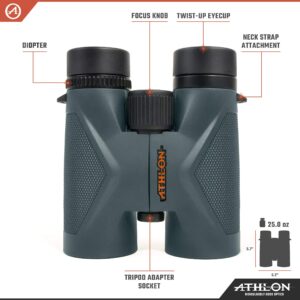 Athlon Optics 10x42 Midas G2 UHD Gray Binoculars with Eye Relief for Adults and Kids, High-Powered Binoculars for Hunting, Birdwatching, and More