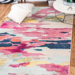 Unique Loom Estrella Collection Light Colors, Abstract, Modern, Vibrant Area Rug, 7 ft x 10 ft, Pink/Ivory