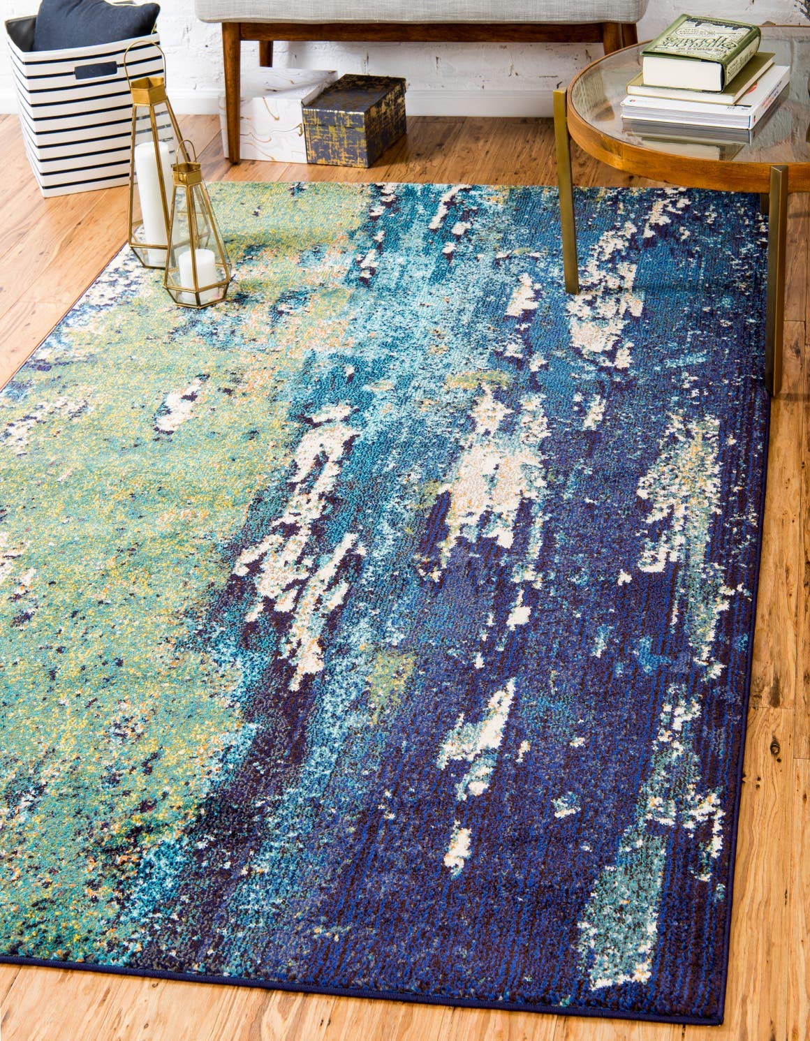 Unique Loom Estrella Collection Distressed, Landscape, Abstract, Modern, Earth Tones Area Rug (5' 0 x 8' 0 Rectangular, Navy Blue/Green)