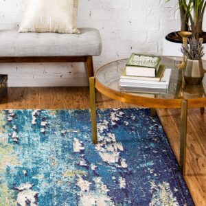 Unique Loom Estrella Collection Distressed, Landscape, Abstract, Modern, Earth Tones Area Rug (5' 0 x 8' 0 Rectangular, Navy Blue/Green)