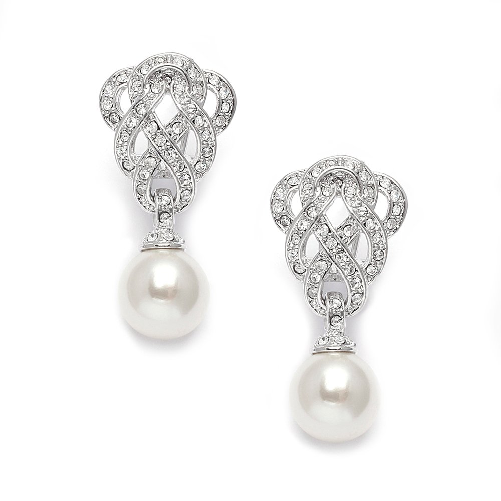 Mariell Vintage Art Deco Pearl Clip On Earrings for Wedding, Brides & Mother of Bride - CZ Pave Accent