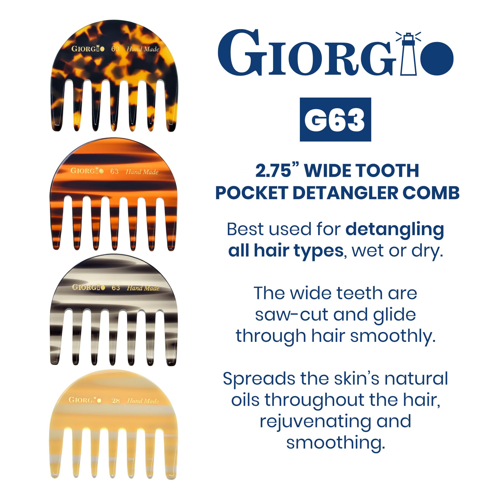 Giorgio G63 Wide Tooth Comb Detangling Comb, Pocket Comb and Travel Comb Wide Tooth Combs for Women for Thick Hair, Hair Detangler Comb For Wet and Dry Everyday Care. Handmade, Saw-Cut, and Polished