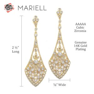 Mariell Gold Dangle Bridal Earrings, Dramatic 2 ¾" Length, Perfect Jewelry for Brides, Bridesmaid, Prom and Homecoming, Romantic Jewelry Gift For Women