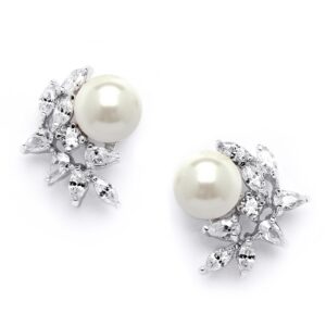 silver mariell pearl and marquise cut cz crystal wedding earrings for brides, bridesmaids & mother of the bride