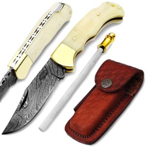 best.buy.damascus1 damascus knife - pocket folding knife - blue wood handel - damascus knife - damascus pocket knife - knife for men - knives - good for camping hunting knife men - mens gift (camel)