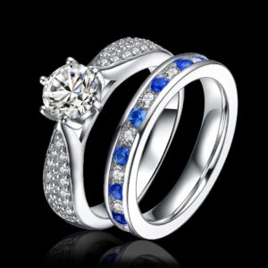 2 pc 925 Sterling Silver Blue Sapphire Engagement Wedding Ring Set (Size Women 8)