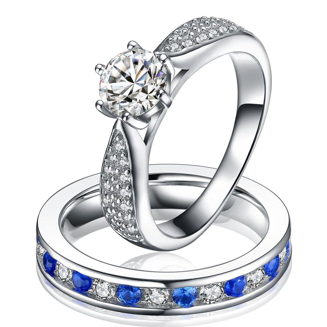 2 pc 925 Sterling Silver Blue Sapphire Engagement Wedding Ring Set (Size Women 8)