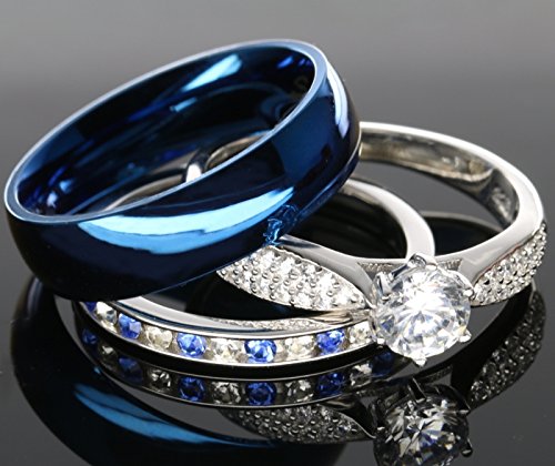 His and Hers 925 Sterling Silver Blue Saphire Stainless Steel Wedding Rings Set Blue #SP24BLMSBL (Size His 10, Hers 07)