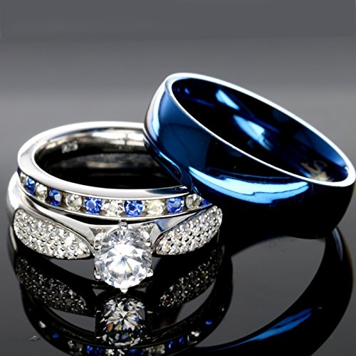 His and Hers 925 Sterling Silver Blue Saphire Stainless Steel Wedding Rings Set Blue #SP24BLMSBL (Size His 10, Hers 07)