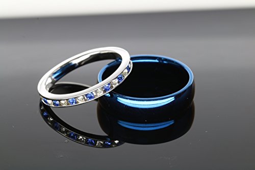 His and Hers 925 Sterling Silver Blue Saphire Stainless Steel Wedding Rings Set Blue #SP24BLMSBL (Size His 11, Hers 08)