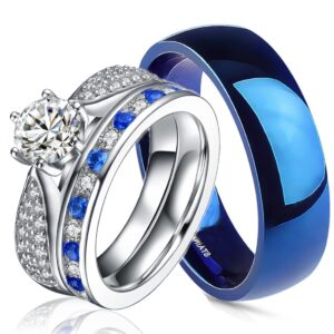 his and hers 925 sterling silver blue saphire stainless steel wedding rings set blue #sp24blmsbl (size his 11, hers 08)