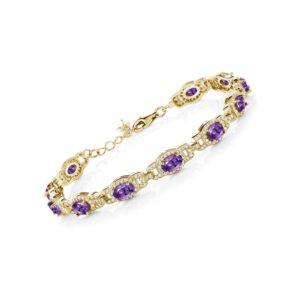 Gem Stone King 18K Yellow Gold Plated Silver Oval Purple Amethyst Tennis Bracelet For Women (8.55 Cttw, Gemstone Birthstone, 7 Inch With 1 Inch Extender)