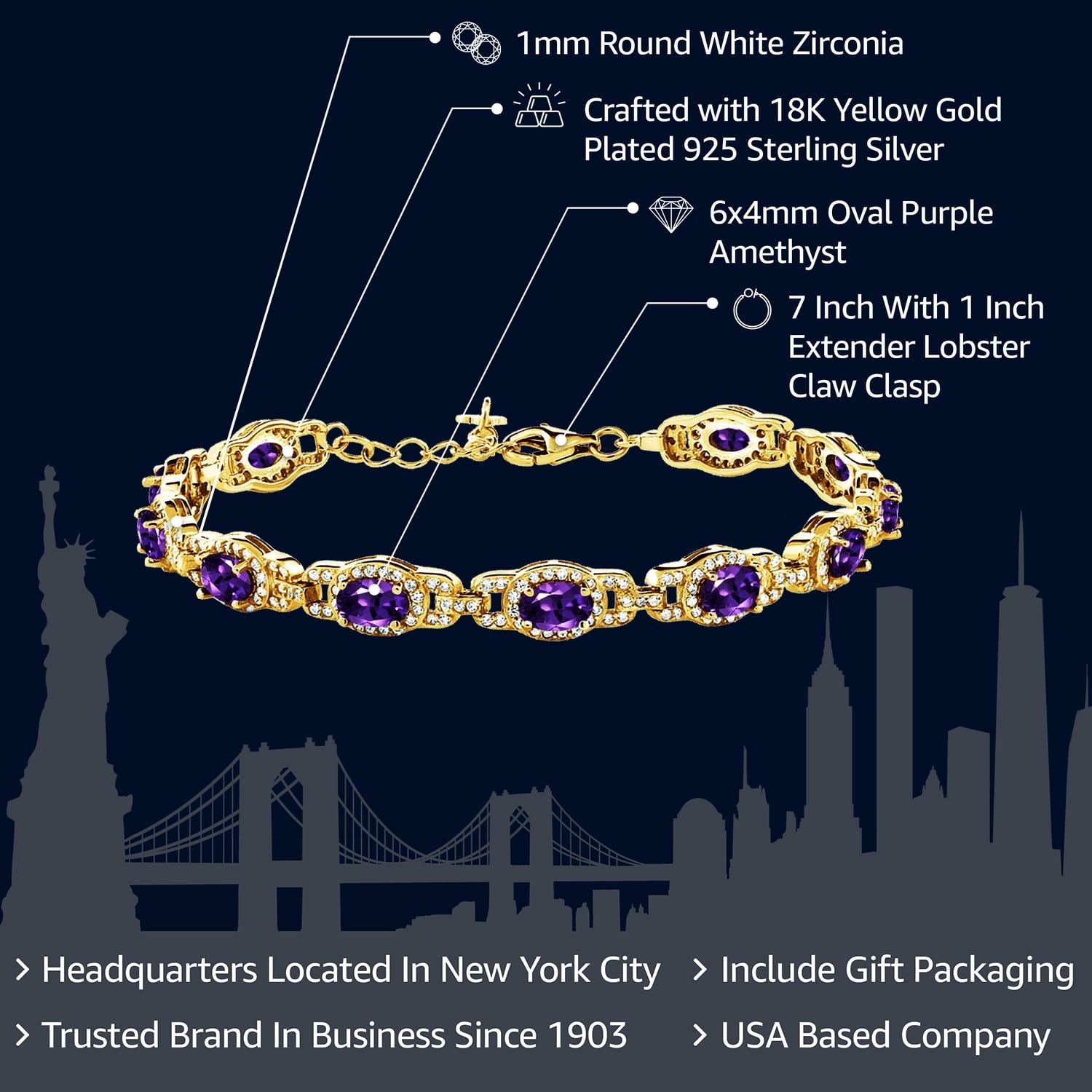 Gem Stone King 18K Yellow Gold Plated Silver Oval Purple Amethyst Tennis Bracelet For Women (8.55 Cttw, Gemstone Birthstone, 7 Inch With 1 Inch Extender)