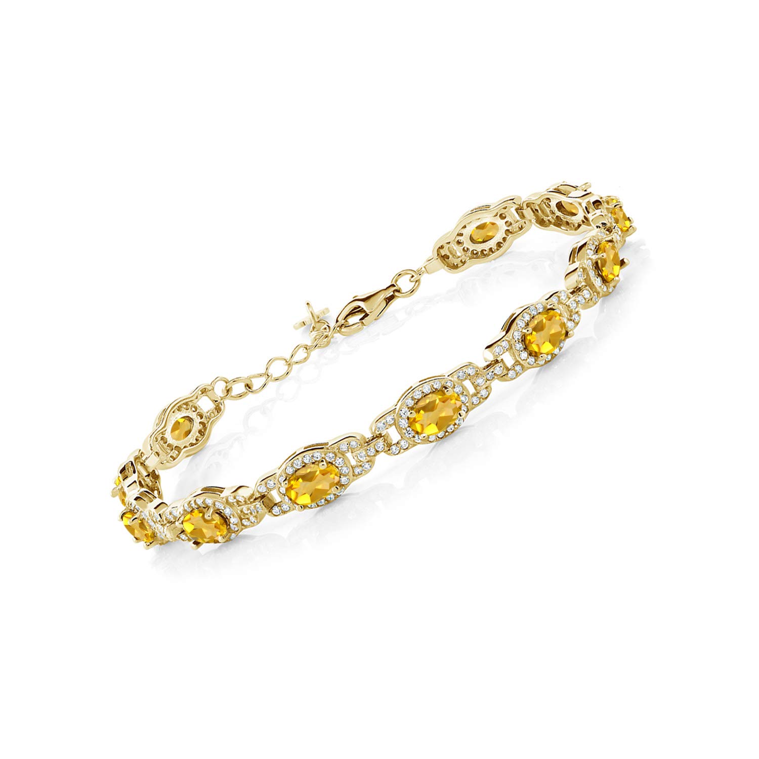 Gem Stone King 18K Yellow Gold Plated Silver Oval Yellow Citrine Tennis Bracelet For Women (8.55 Cttw, Gemstone Birthstone, 7 Inch with 1 Inch Extender)