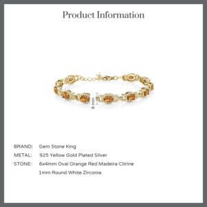 Gem Stone King 18K Yellow Gold Plated Silver Orange Red Madeira Citrine Tennis Bracelet For Women (8.00 Cttw, Gemstone Birthstone, 7 Inch With 1 Inch Extender)